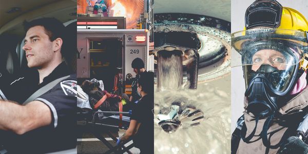 Photos of firefighters, EMS and sprinklers